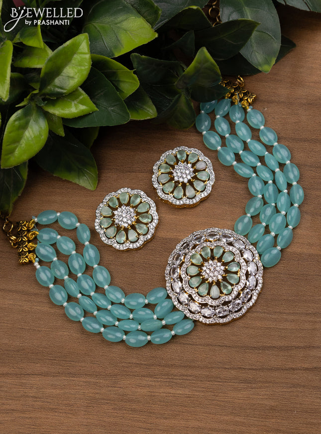 Beaded ice blue choker with mint green and cz stones pendant