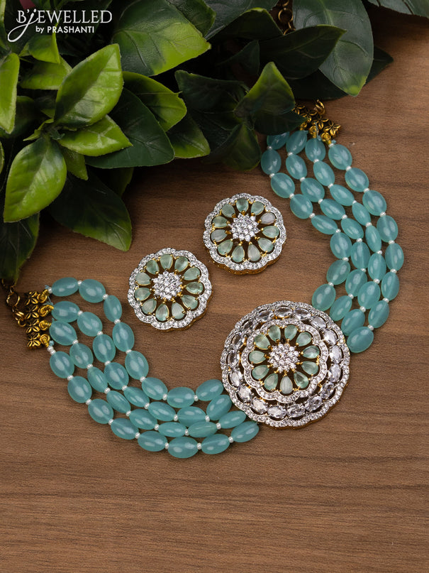 Beaded ice blue choker with mint green and cz stones pendant