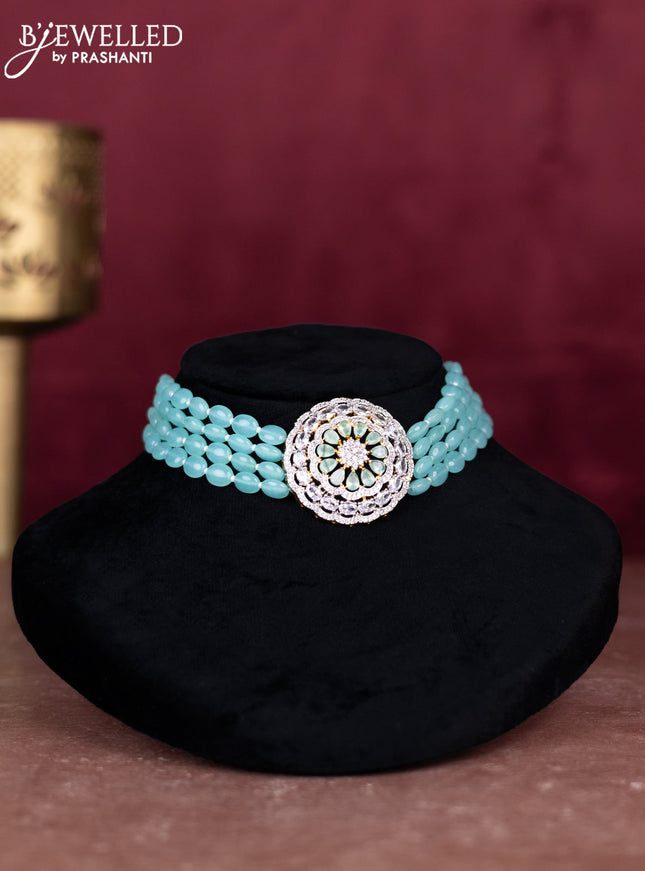 Beaded ice blue choker with mint green and cz stones pendant