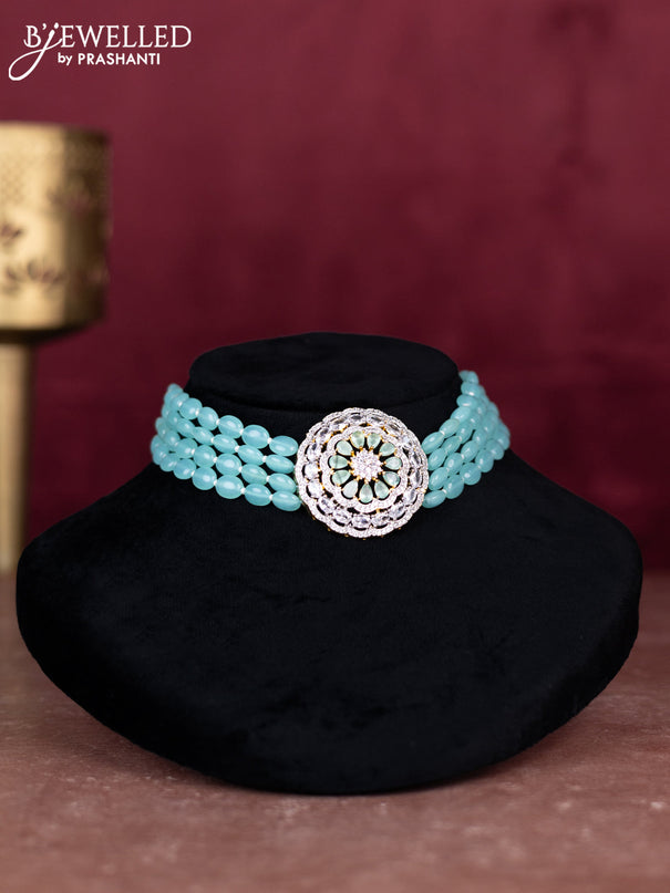 Beaded ice blue choker with mint green and cz stones pendant