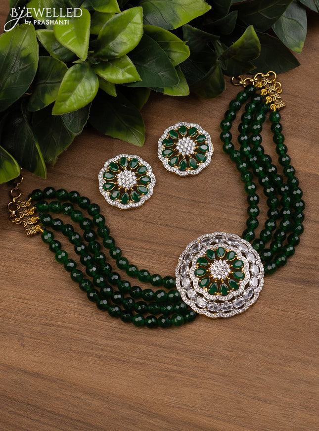 Beaded green choker with emerald and cz stones pendant
