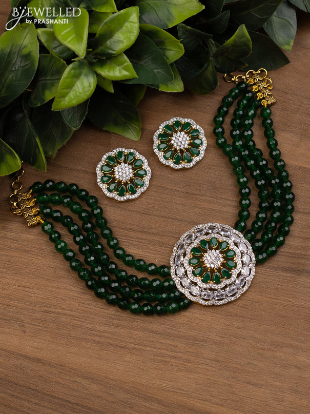 Beaded green choker with emerald and cz stones pendant