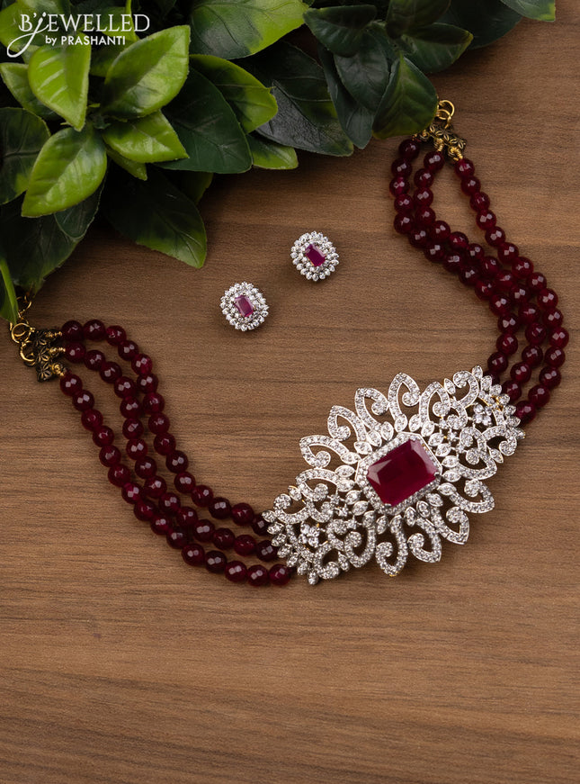 Beaded maroon choker with ruby and cz stones pendant