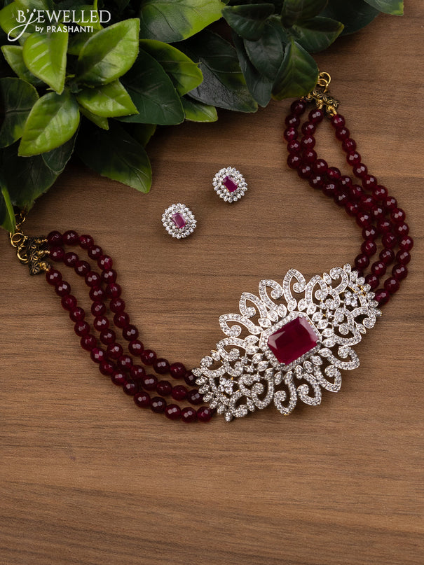 Beaded maroon choker with ruby and cz stones pendant