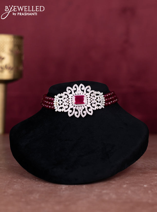 Beaded maroon choker with ruby and cz stones pendant