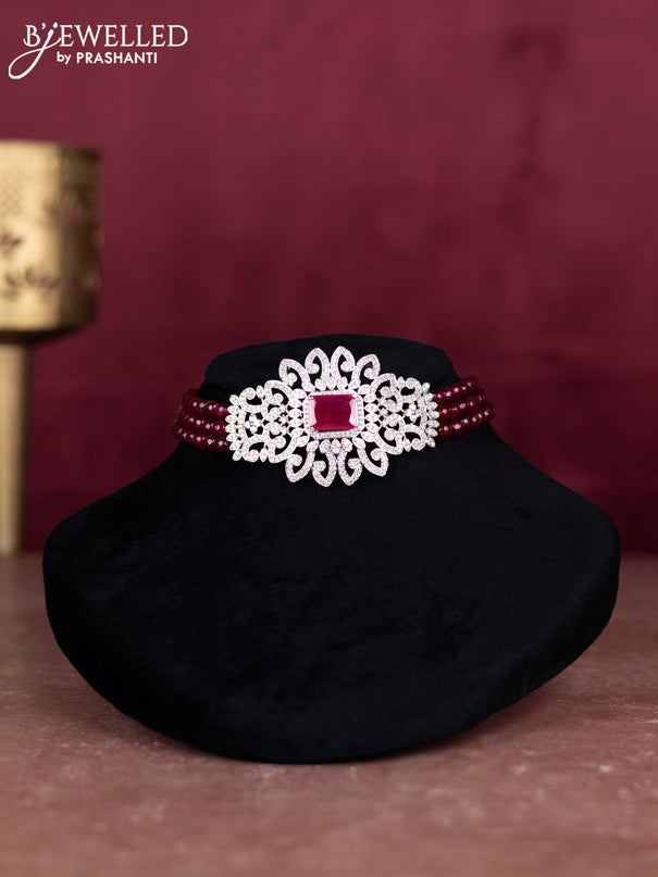 Beaded maroon choker with ruby and cz stones pendant