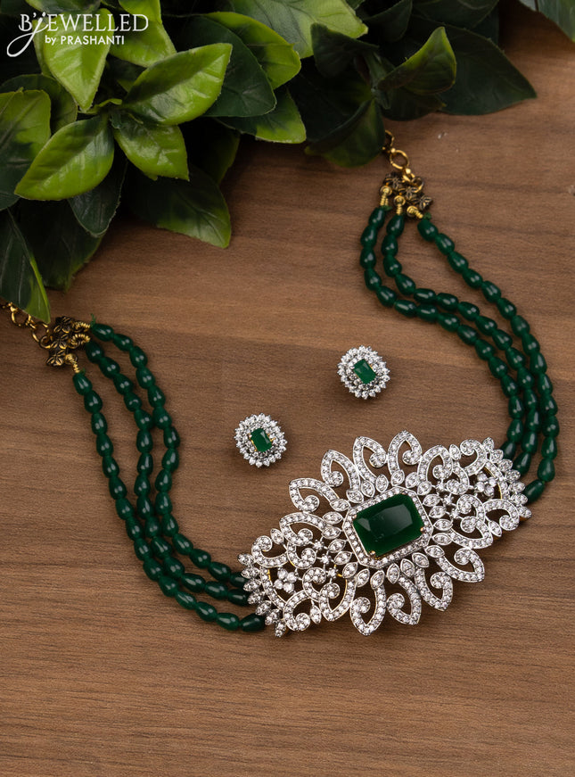 Beaded green choker with emerald and cz stones pendant