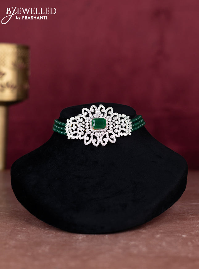 Beaded green choker with emerald and cz stones pendant