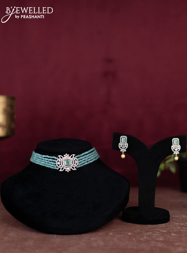 Beaded ice blue choker with mint green and cz stones pendant
