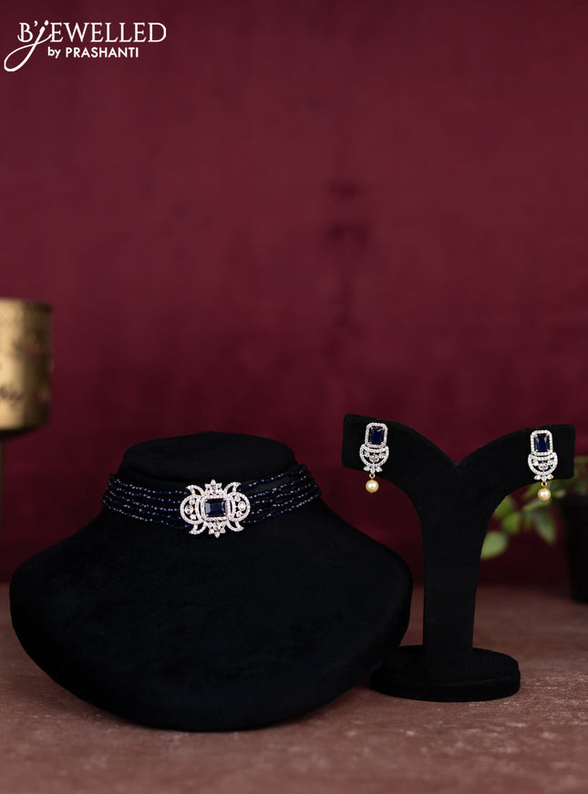 Beaded blue choker with sapphire and cz stones pendant