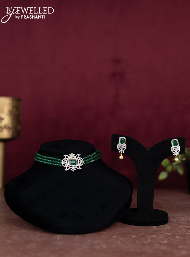 Beaded green choker with emerald and cz stones pendant