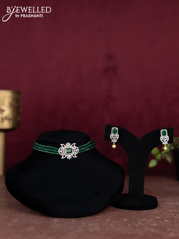 Beaded green choker with emerald and cz stones pendant
