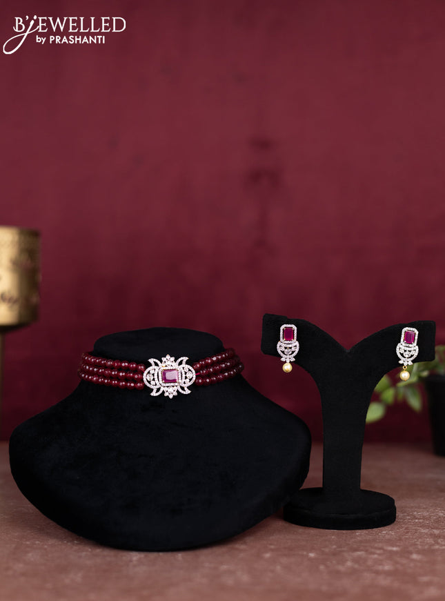 Beaded maroon choker with ruby and cz stones pendant