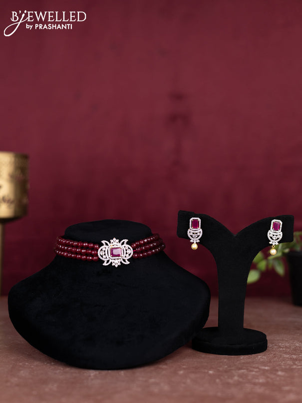 Beaded maroon choker with ruby and cz stones pendant