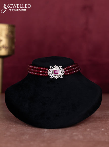 Beaded maroon choker with ruby and cz stones pendant