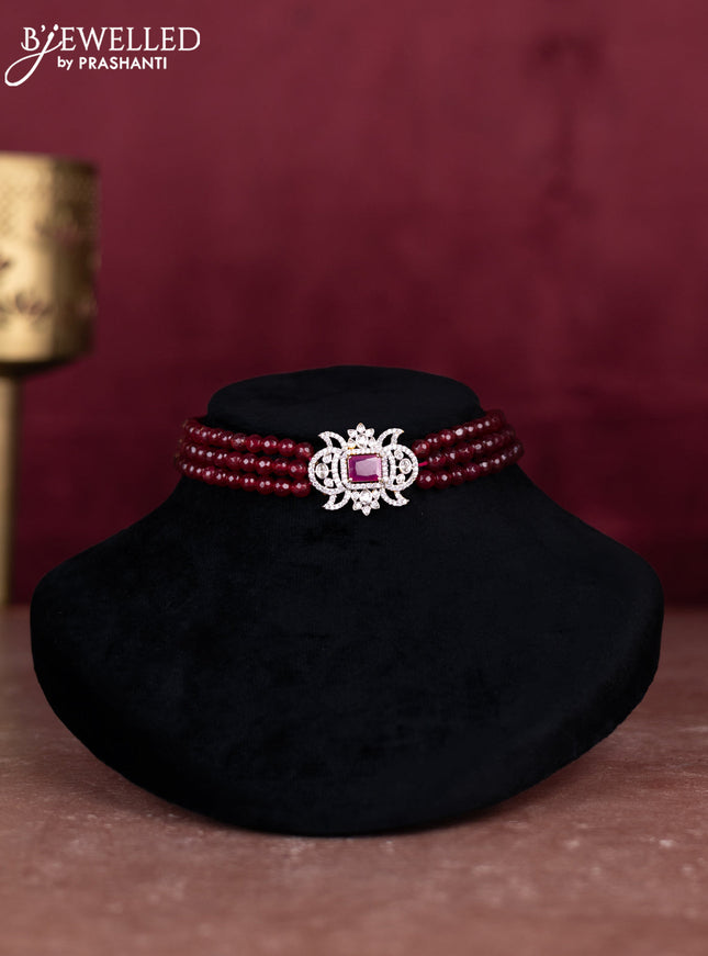 Beaded maroon choker with ruby and cz stones pendant