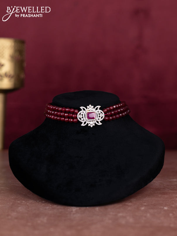 Beaded maroon choker with ruby and cz stones pendant