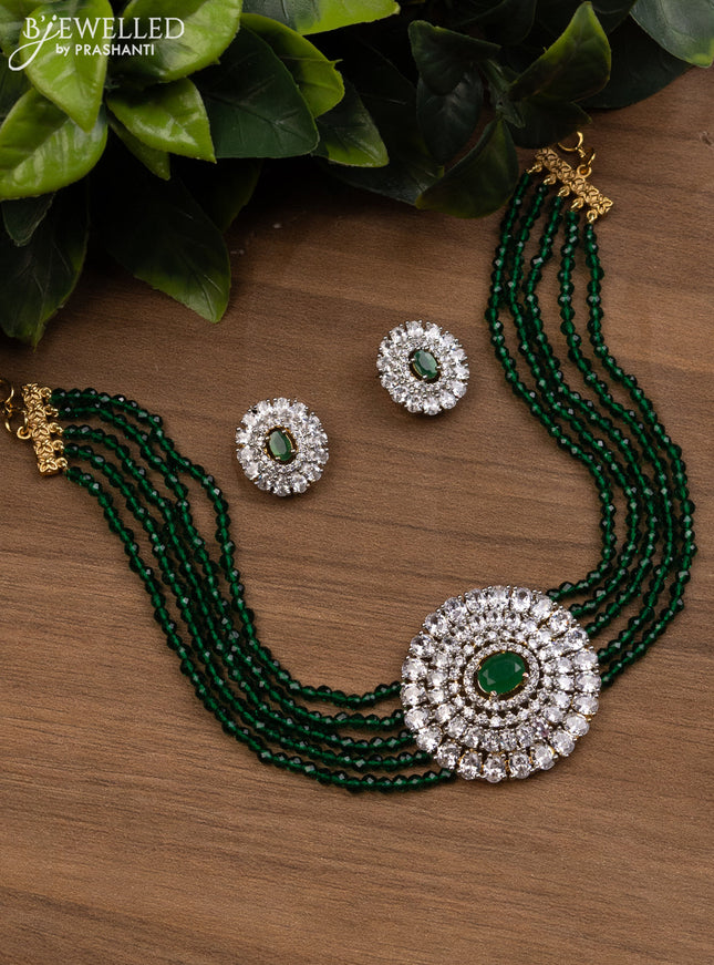 Beaded green choker with emerald and cz stones pendant