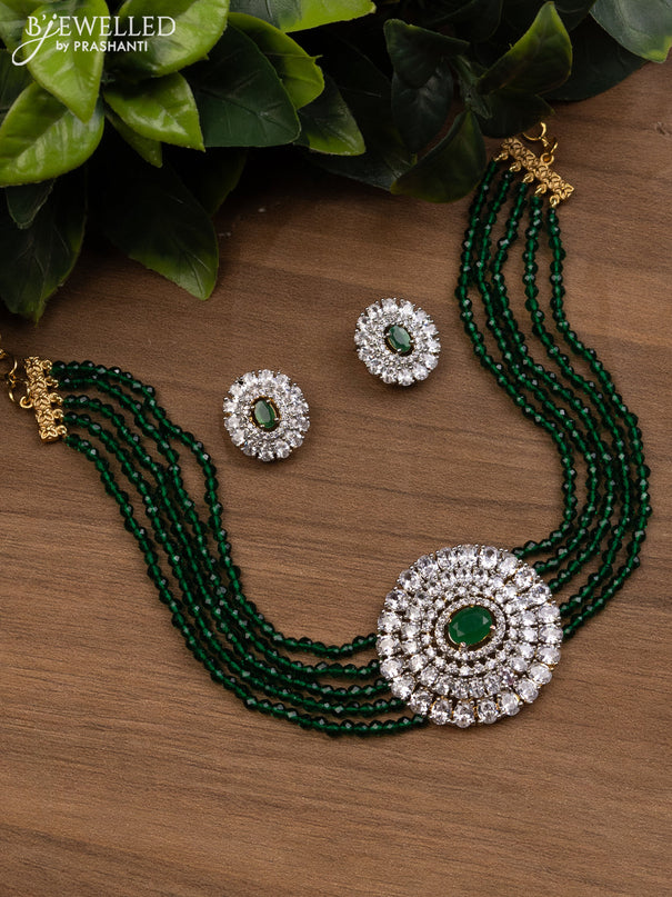Beaded green choker with emerald and cz stones pendant