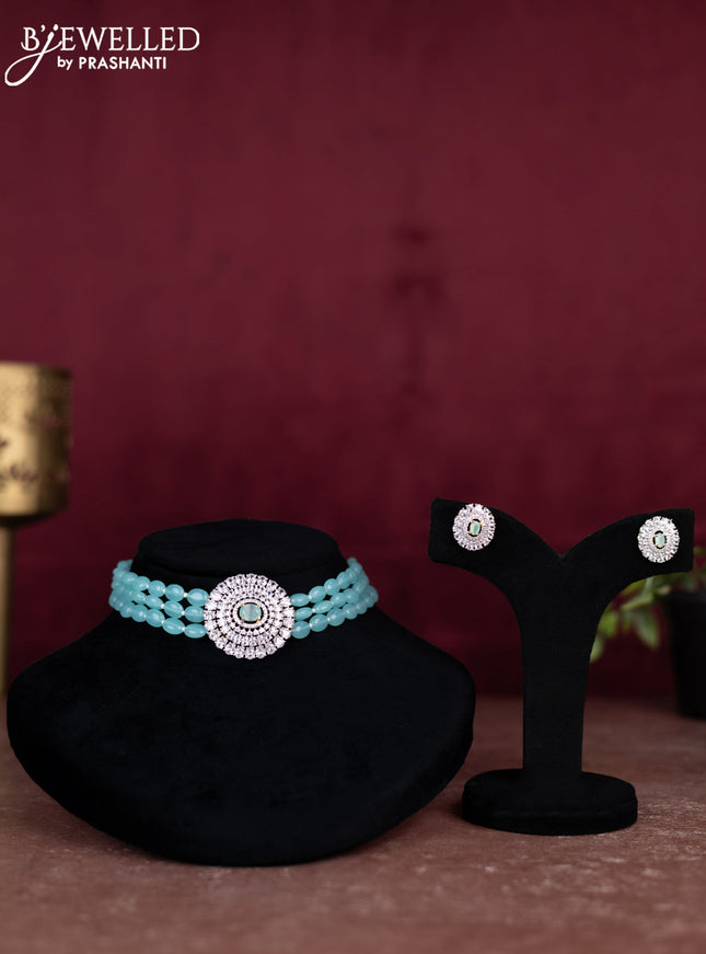 Beaded ice blue choker with cz stones pendant