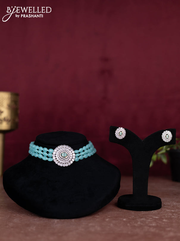 Beaded ice blue choker with cz stones pendant