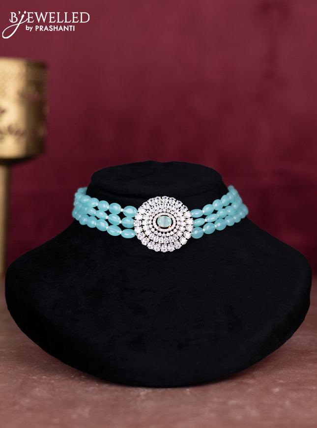 Beaded ice blue choker with cz stones pendant
