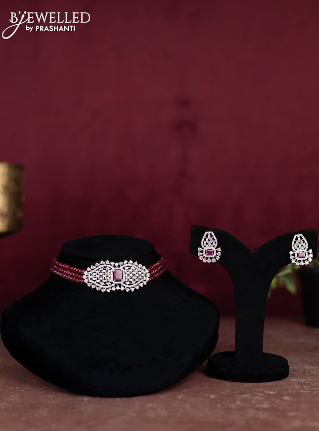 Beaded maroon choker with ruby and cz stones pendant