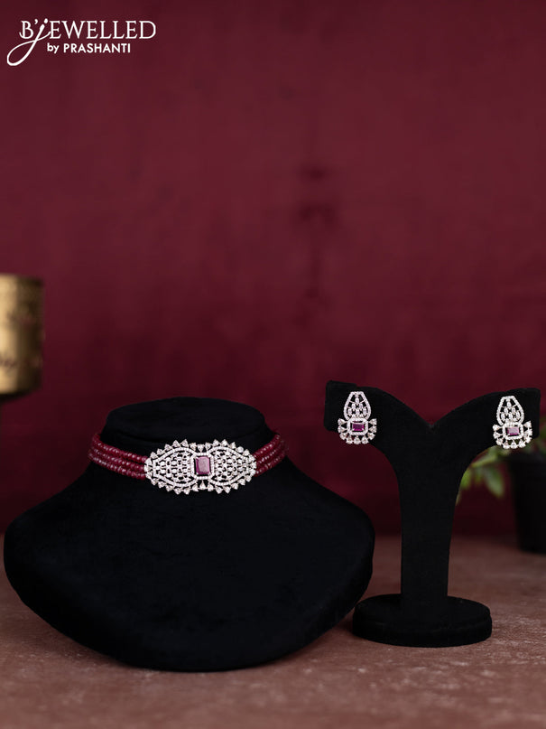Beaded maroon choker with ruby and cz stones pendant