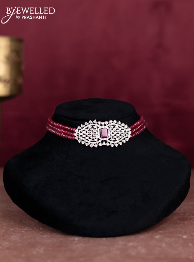Beaded maroon choker with ruby and cz stones pendant