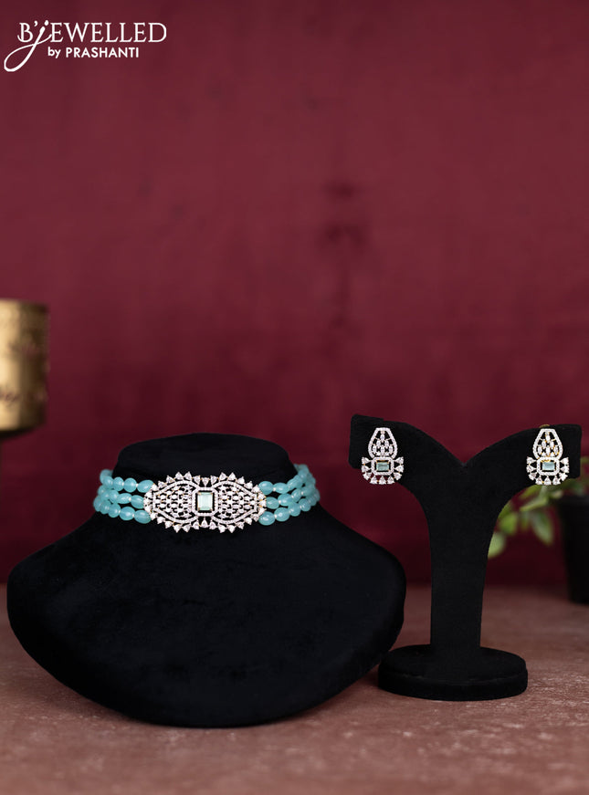 Beaded ice blue choker with mint green and cz stones pendant