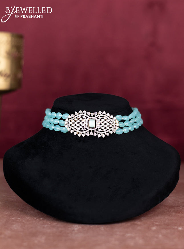 Beaded ice blue choker with mint green and cz stones pendant