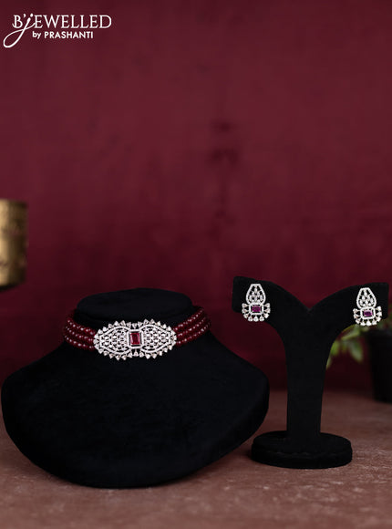 Beaded maroon choker with ruby and cz stones pendant
