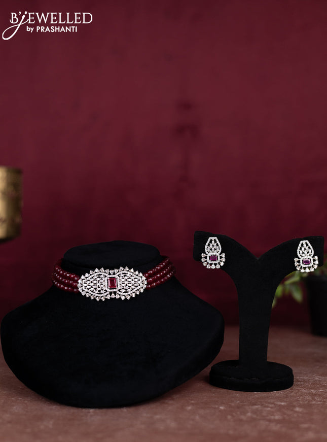 Beaded maroon choker with ruby and cz stones pendant