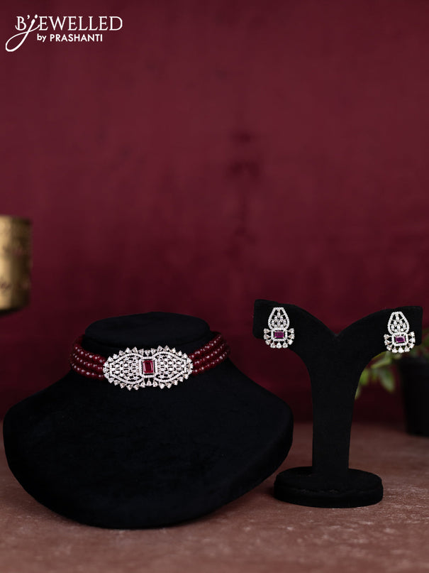 Beaded maroon choker with ruby and cz stones pendant