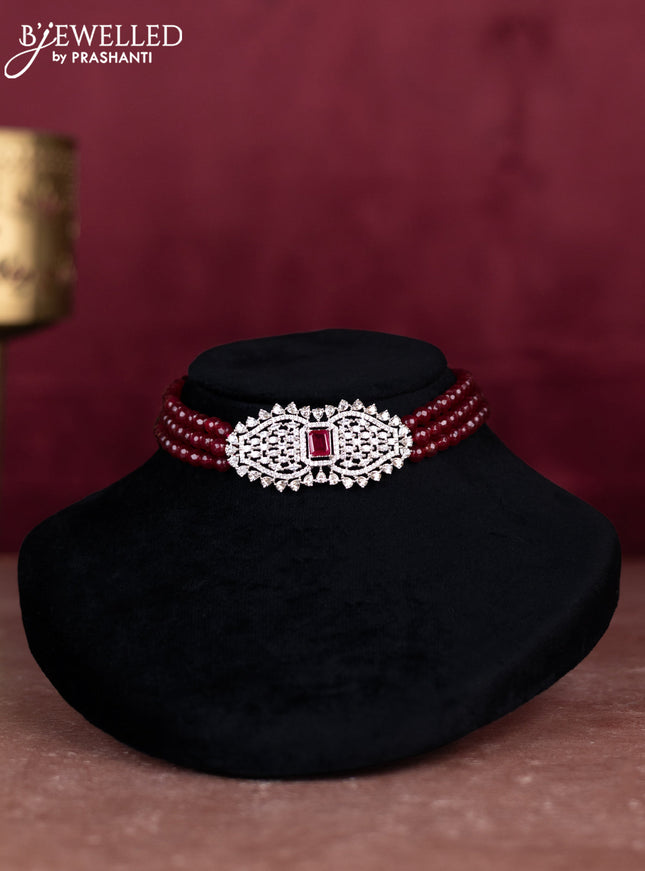 Beaded maroon choker with ruby and cz stones pendant