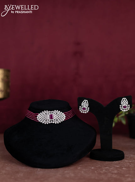 Beaded pink choker with ruby and cz stones pendant