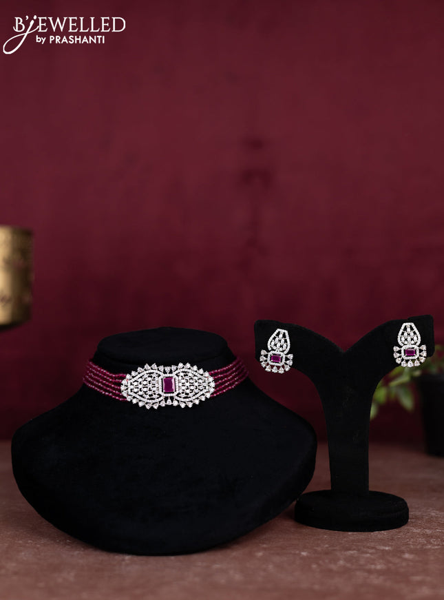 Beaded pink choker with ruby and cz stones pendant