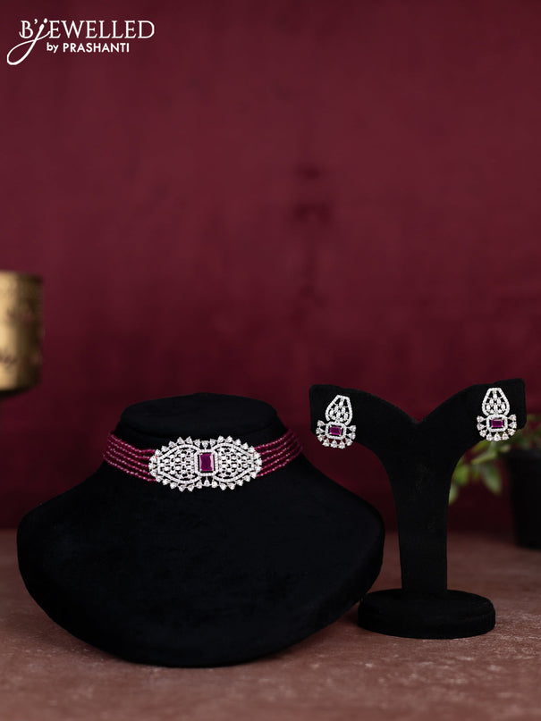 Beaded pink choker with ruby and cz stones pendant