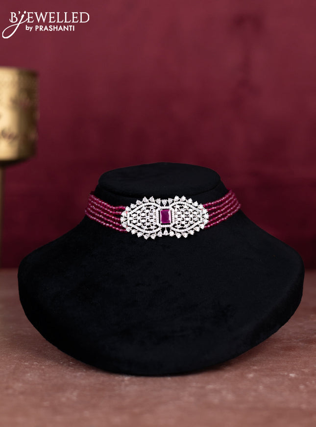 Beaded pink choker with ruby and cz stones pendant