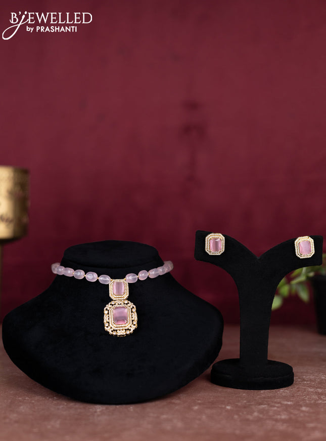 Beaded baby pink choker with cz stones pendant