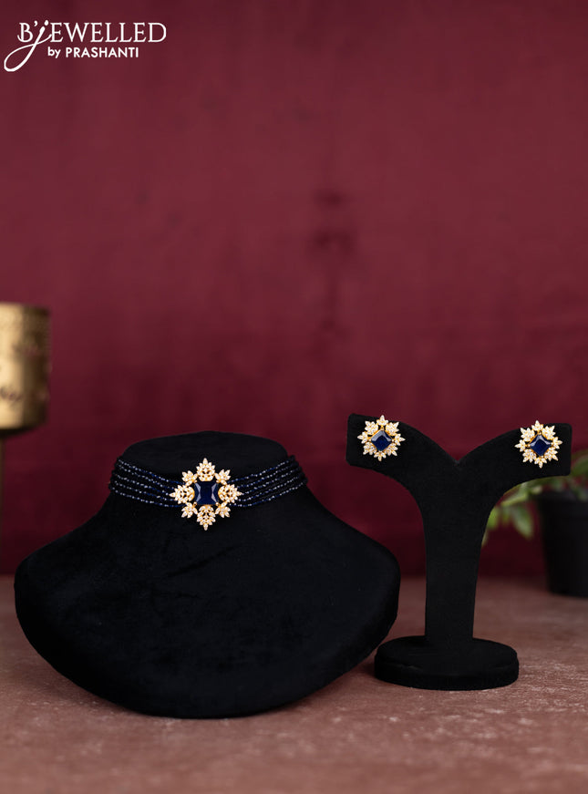 Beaded blue choker with sapphire and cz stones pendant