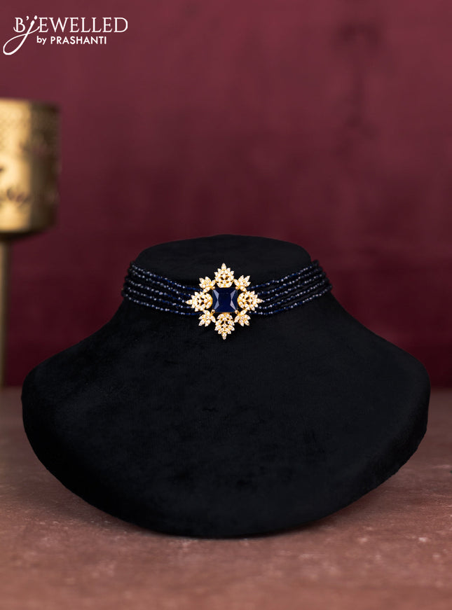 Beaded blue choker with sapphire and cz stones pendant