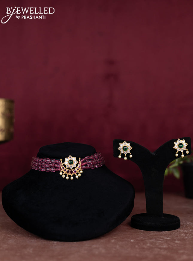 Beaded pink choker with chandbali pendant and kemp & cz stones