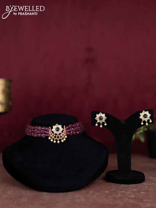 Beaded pink choker with chandbali pendant and kemp & cz stones