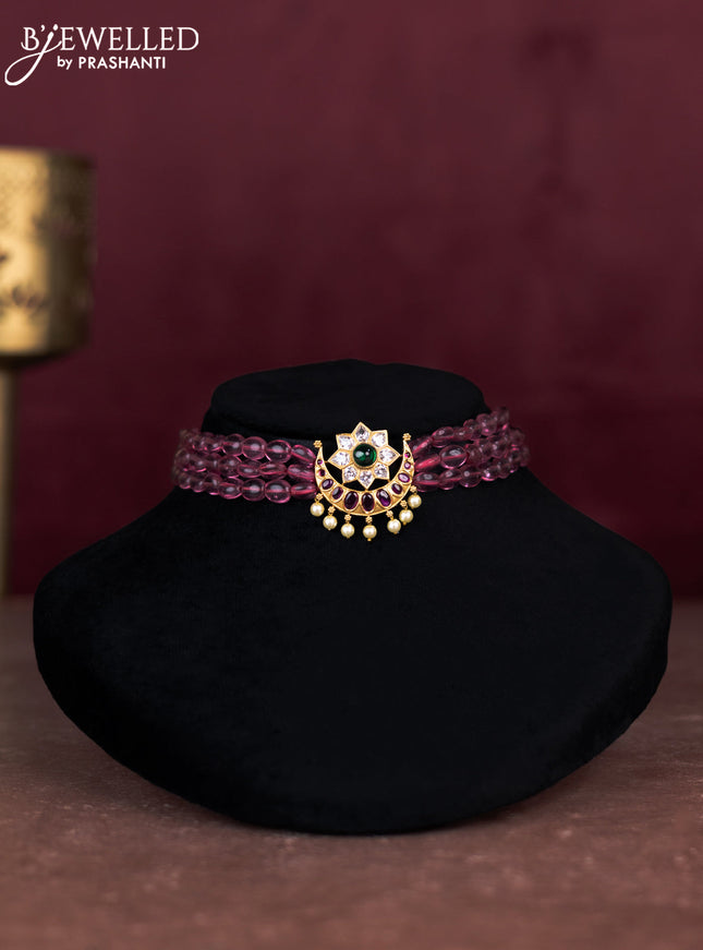 Beaded pink choker with chandbali pendant and kemp & cz stones