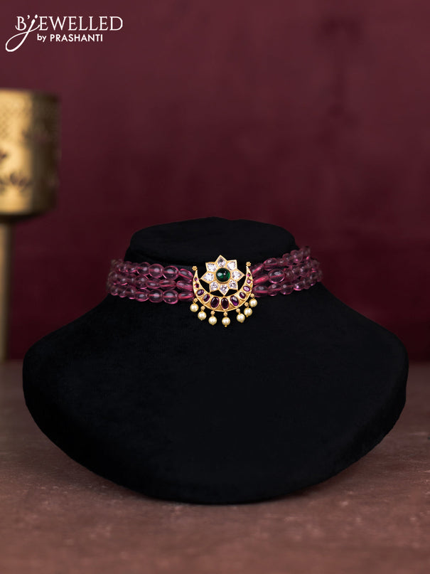 Beaded pink choker with chandbali pendant and kemp & cz stones