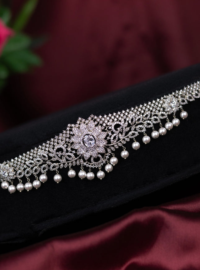 Zircon hip chain with cz stones and pearl hangings