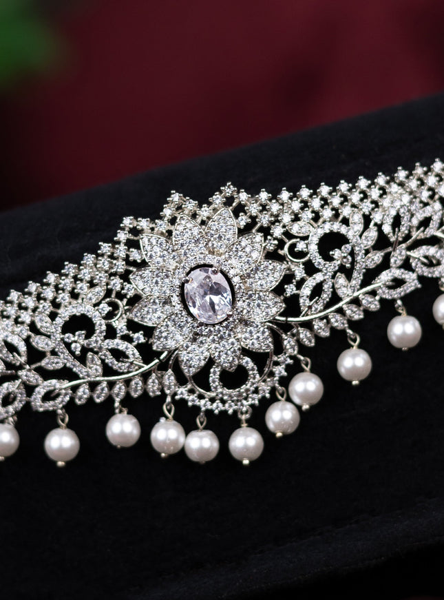 Zircon hip chain with cz stones and pearl hangings