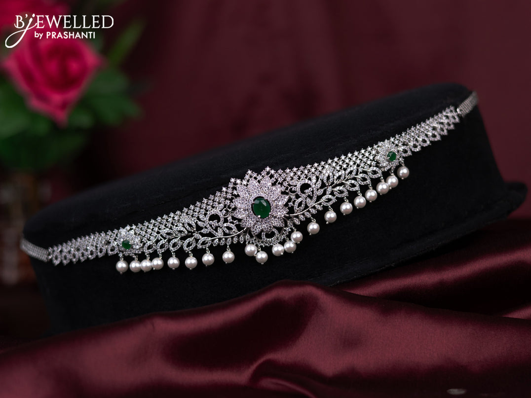 Zircon hip chain with emerald & cz stones and pearl hangings