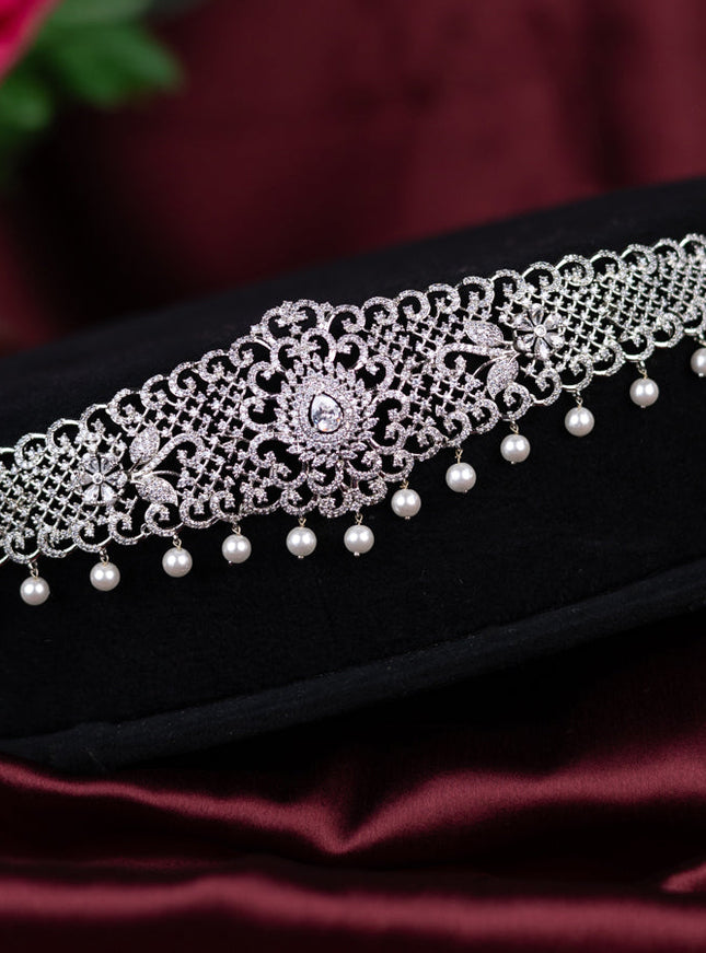 Zircon hip chain with cz stones and pearl hangings